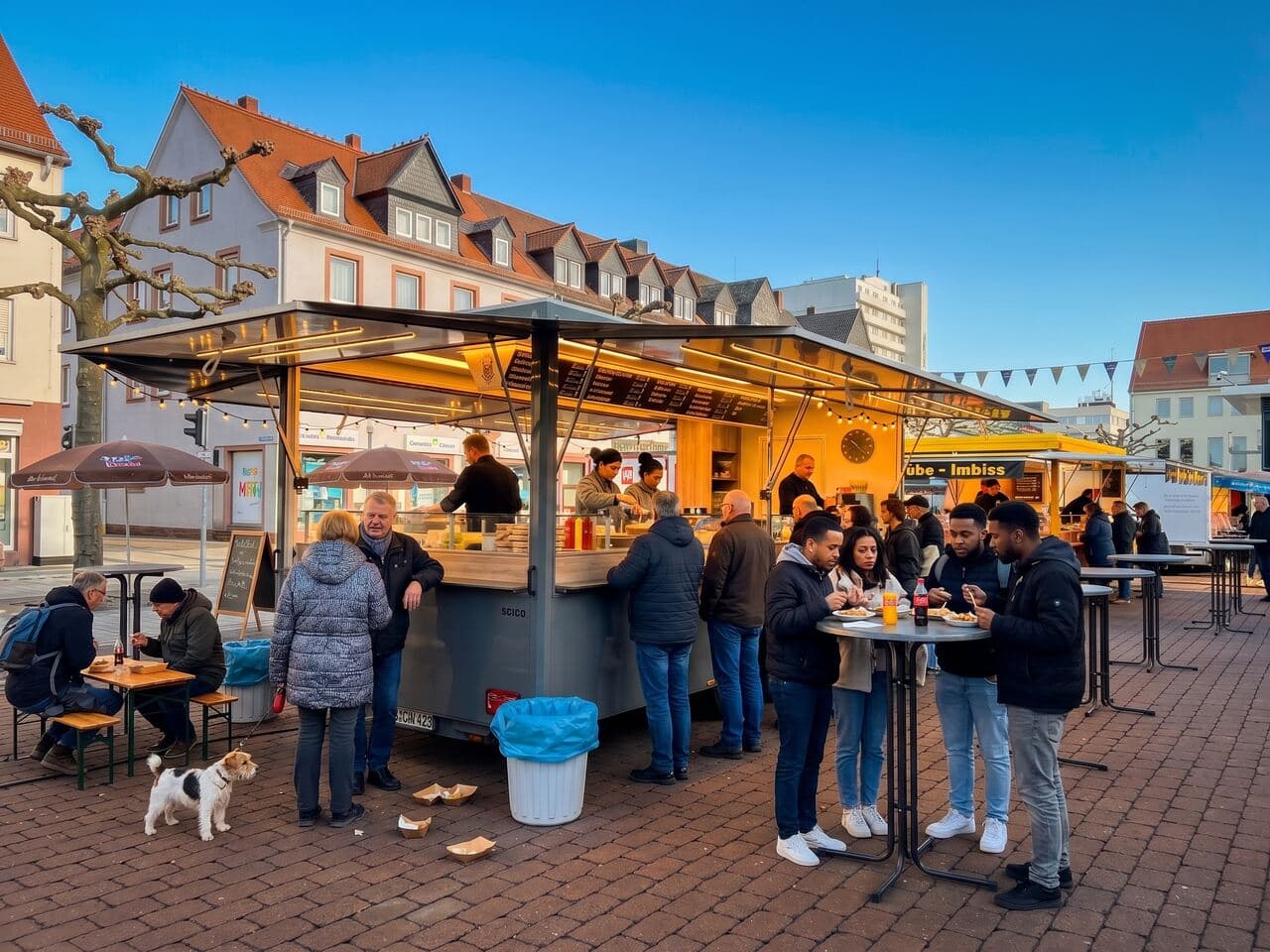 Foodtruck auf dem Marktplatz vor Altstadthäusern, Gäste am Stehtisch an einem kalten Tag