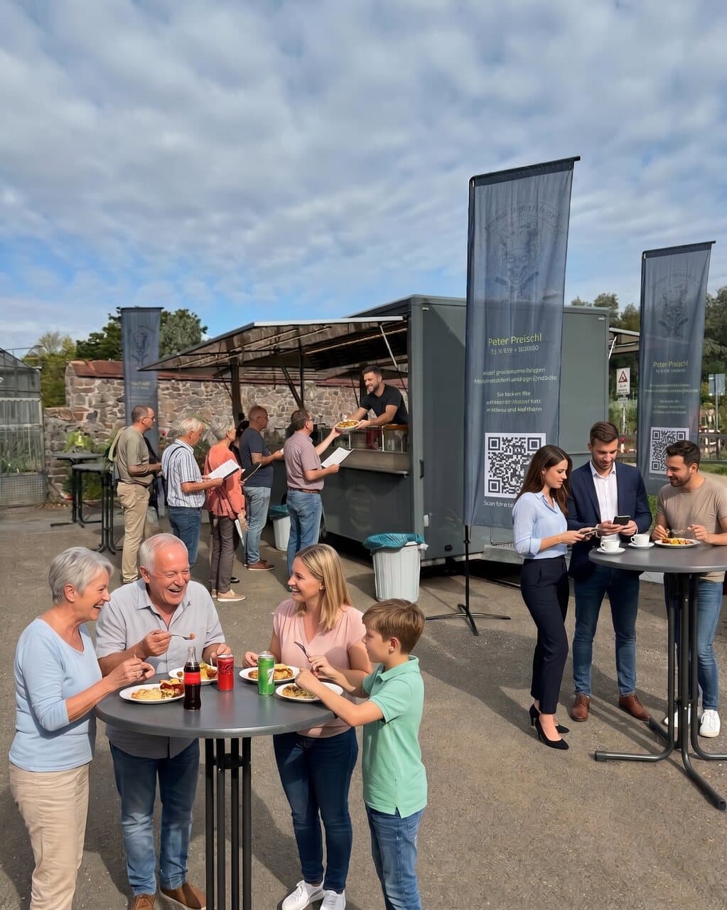Foodtruck mit Bannern auf dem Wochenmarkt