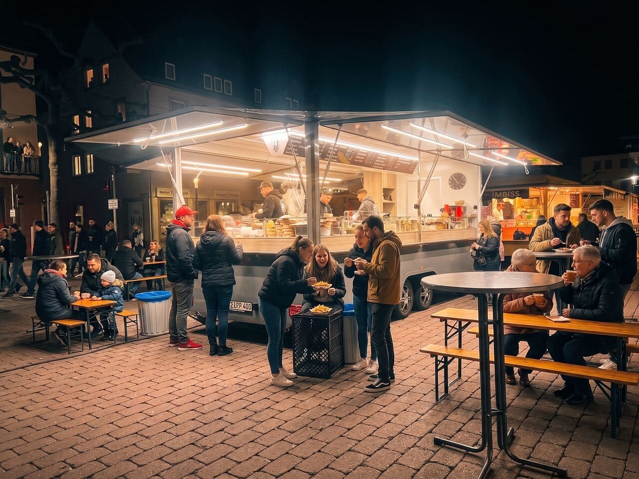 Foodtruck am Abend auf dem Marktplatz, hell erleuchtet, Gäste essen an den Tischen